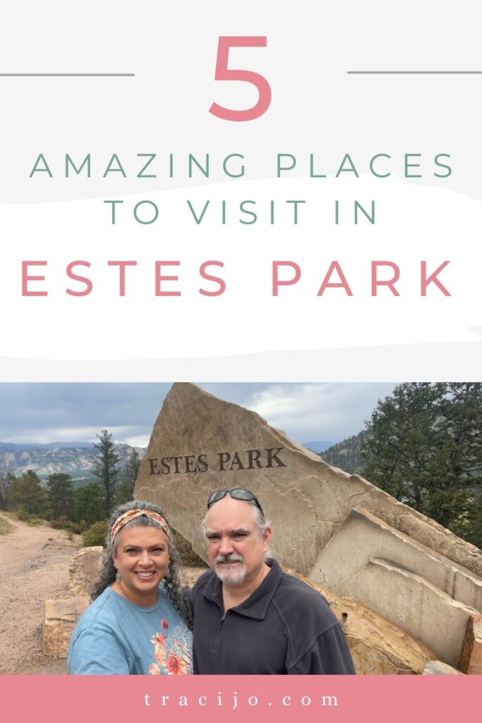 Image for Pinterest  of a couple standing in front of rock in Estes Park